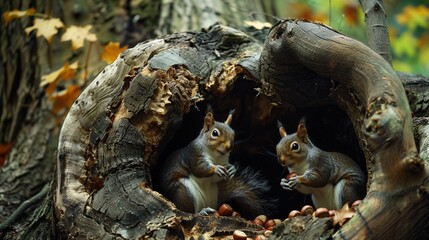 Cute Squirrels stocking hazelnuts in a big hollow trunk of tree in forest. Generative Ai