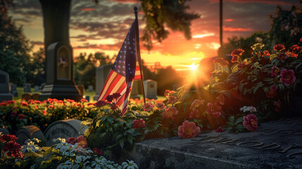 Sunset over a veteran's grave highlights a Memorial Day flag and colorful flowers.
