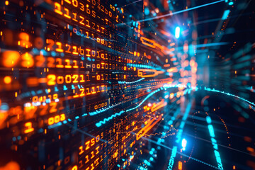 Naklejka premium An abstract representation of an algorithm at work within the azure cloud, showcasing the complexity of technology and coding, intertwined with data streams and binary code Created