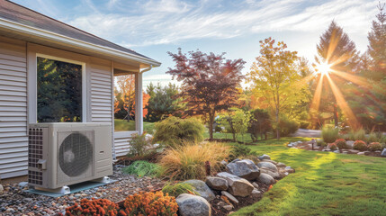 Sunrise over a serene garden with a modern air conditioning unit
