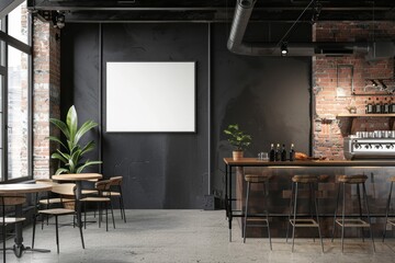 An empty rectangle frame mockup, placed on the wall of a dark grey and red brick interior cafe design with wood tables