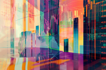 An abstract representation of financial markets, with vibrant stock graphs and trend analysis diagrams set against soothing gradients, offering a creative and visual insight into wealth managem
