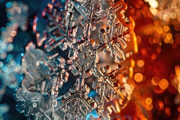 Close Up of a Snowflake With Blurry Lights in the Background