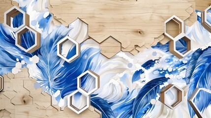 Oak mural with watercolor feathers as ocean waves, white lattice, and hexagons in deep blue.