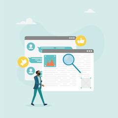 Content manager. A man creates a website layout, studies subscriber reviews, develops and designs the page layout. Vector illustration.
