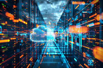 An advanced software development scene, with a focus on the automation and efficiency of algorithms within the azure cloud, integrating elements of coding, artificial intelligence, and big data