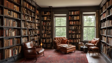 Luxury house library bookshelves filled with leather-bound books, a rolling ladder, and a cozy...