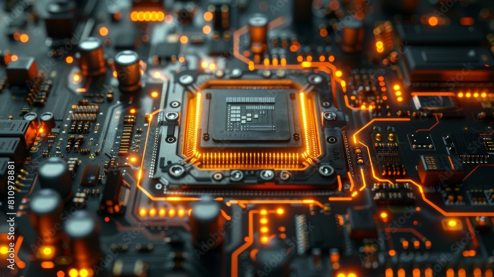 Poster the digital world abstracted with a futuristic, circuit-based and cyber computer running cloud compu