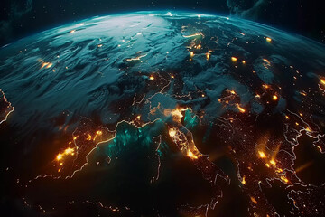 An aerial view of the earth from a satellite perspective showcasing vibrant city lights in the darkness