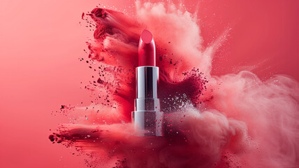 A red lipstick is in the middle of a cloud of red powder. Concept of excitement and energy, as if the lipstick is being launched into the air. powerful explosion of red dust, designer lipstick