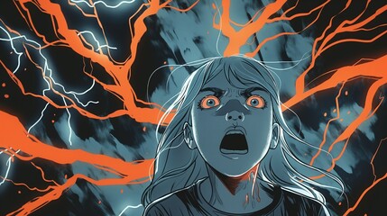 A girl is screaming in fear, surrounded by lightning bolts and dark energy, depicted as an animated cartoon with bold lines and flat colors. The background features a black white orange color scheme, - obrazy, fototapety, plakaty