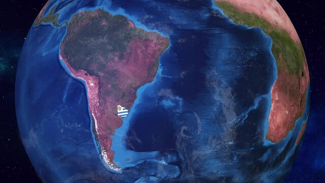 Realistic 3D Animation of Earth zooming in to  Uruguay with its border highlighted with its National Flag in 4K