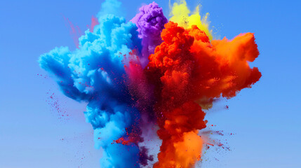 A colorful explosion of smoke and fire in the sky. Colors are vibran, the smoke is billowing out in all directions. Scene is chaotic and intense, as if something powerful. colour burst of these colour