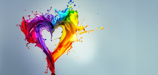 A colorful heart made of paint splatters. The heart is surrounded by a blue background. The colors of the heart are red, orange, yellow. multicolour paint gradient splashes forming the shape of heart