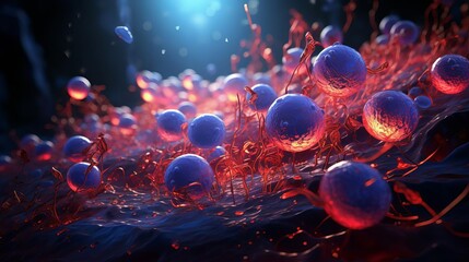 3D digital illustration of pancreatic islet cells, detailed and vibrant, showing insulin and glucagon production areas