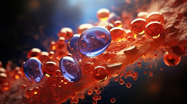 3D digital illustration of pancreatic islet cells, detailed and vibrant, showing insulin and glucagon production areas