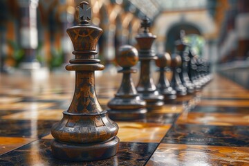 Business Strategy concept. A row of chess pieces are lined up on a marble floor.