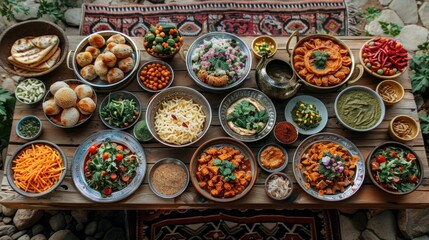 Ramadan kareem Iftar party table with assorted festive traditional Arab dishes, sweets, dates. Eid al-Fitr mubarak evening grand meal, top view. Islamic holidays food concept, Ramadan feast