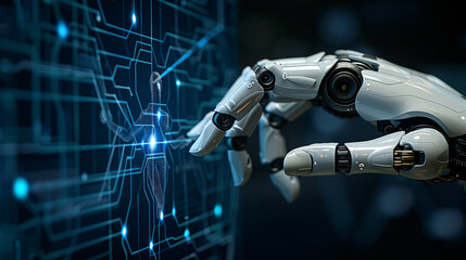 robotic hand interacting with a digital interface filled with complex data and schematics. The scene highlights advanced technology, artificial intelligence, and futuristic design elements