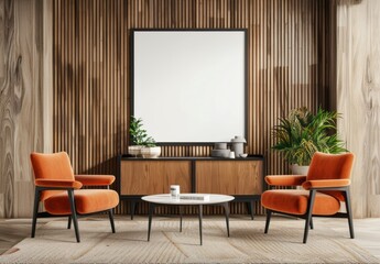 Beige wooden wall with vertical panels, orange armchairs near cabinet and coffee table on beige carpet in a minimalistic interior of a modern living room
