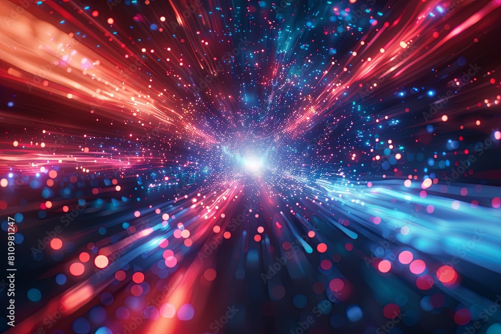 Poster an abstract background featuring bright lights and blurs in blue and red neon glow, creating a color