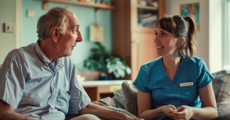 Nurse talking with male pensioner inside retirement home - Care taker and assistance concept - Models by AI generative