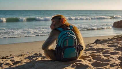 A cheerful monkey in sunglasses with a backpack on the beach looks at a laptop, chooses Youth budget vacation, cheap air tickets, hostel, travel booking