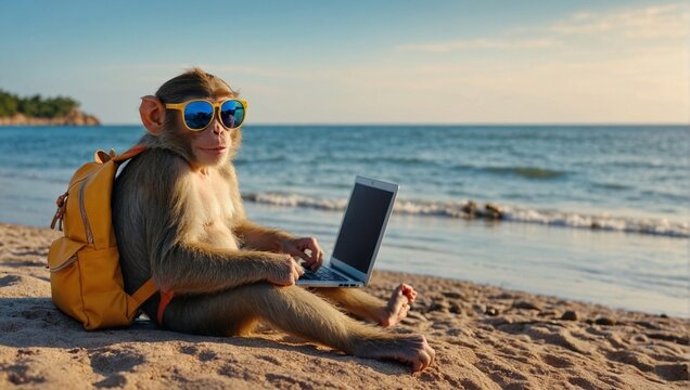 A monkey with a backpack and sunglasses is looking for tickets on a laptop. Concept: summer travel, hiking, independent travelers, cheap air tickets