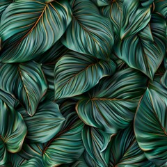 Obraz premium A luxurious and detailed artistic illustration of green leaves with golden veins, highlighting their smooth textures and flowing lines.