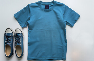 blue t shirt and shoes