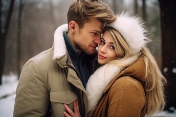 A Couple Hugs in the Snow - Winter Romance Fictional Character Created By Generative AI. 