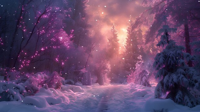 A serene winter forest bathed in a pink sunrise, with snow-covered trees and a soft glowing light.