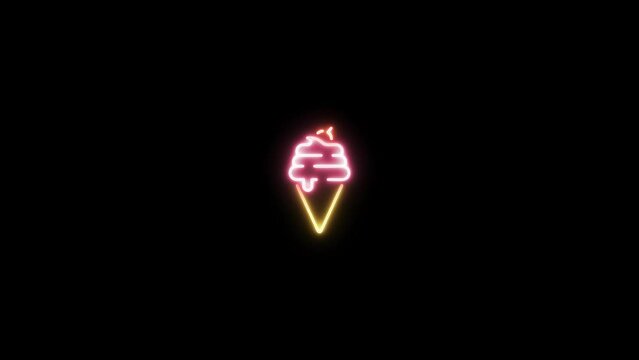 Neon sign in soft serve shape motion graphic with alpha channel. Colored ice cream cone neon light turn on and turn off isolated icon animated on transparent background.