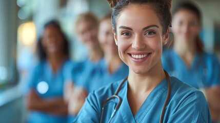 Fototapeta premium Confident female doctor or nurse in scrubs smiling at the camera with her colleagues in the background.
