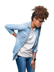 Beautiful young african american woman wearing glasses over isolated background Suffering of backache, touching back with hand, muscular pain