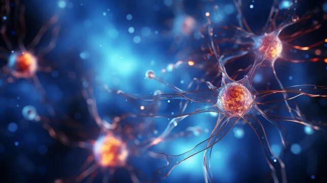 3D rendered visualization of glial cells in brain tissue, focusing on their role in neurotransmitter regulation and nerve health
