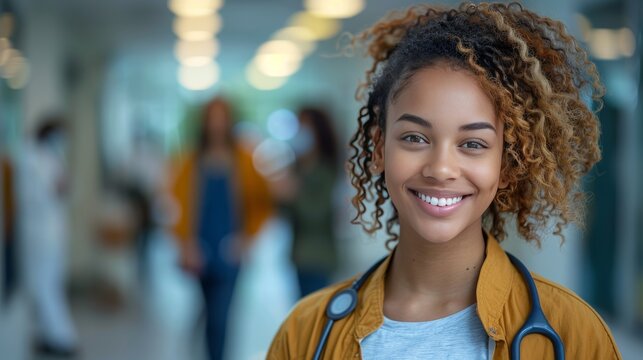 Confident female doctor or nurse in scrubs smiling at the camera.