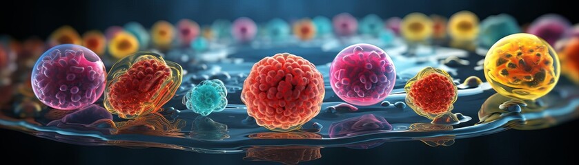 3D rendering of fat cells in various stages of lipolysis, colored distinctly to highlight functional differences, suitable for health textbooks