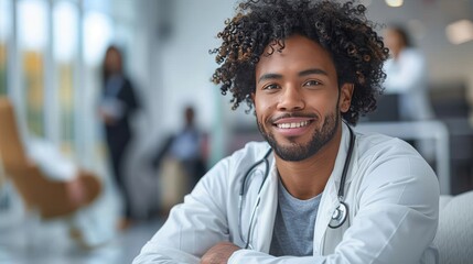 Confident young male doctor with afro hair wearing white coat and stethoscope around neck.