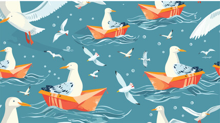 Seagulls with paper boat seamless pattern background
