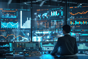An elegant office space with a professional analyzing a series of financial reports and market graphs spread across a desk, with digital screens displaying stock exchange data in the background