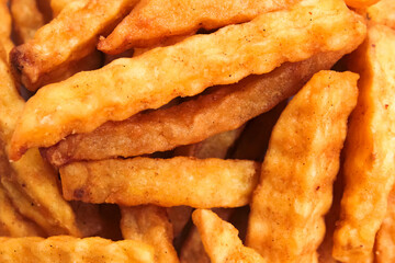 close up of stack of french fries, as food background