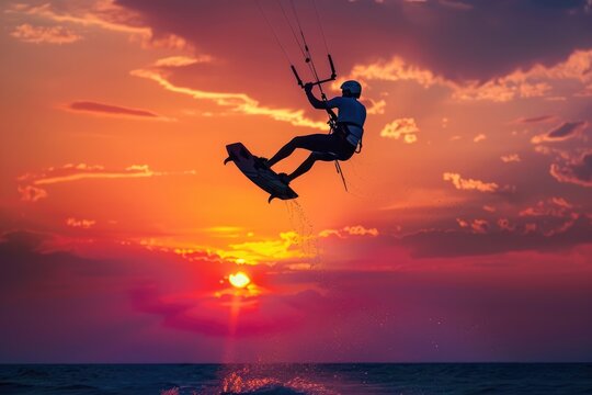 Dynamic shot of a kite surfer in action,  kitesurfing athlete performing a trick in the air