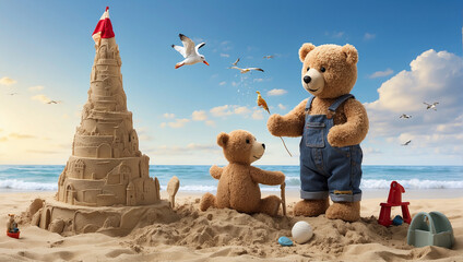 There is a teddy bear in overalls building a sandcastle on the beach.