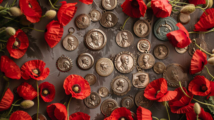 Sries of bravery and sacrifice are ld through antique war medals surrounded by poppies on Memorial...