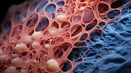 Closeup photo of skeletal muscle cells under electron microscopy, enhanced to show intricate details of sarcomeres