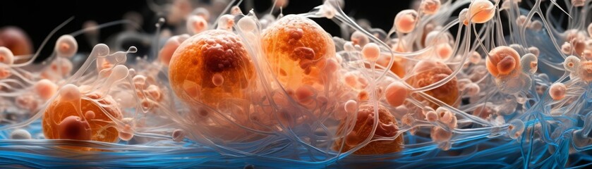 Closeup view of adipocytes from a human biopsy sample, showing cell morphology with accurate scientific annotations