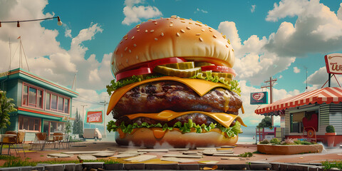 A giant hamburger is on the street in front of a building that says'burger king with cloud...