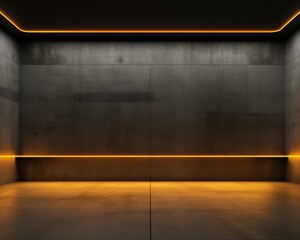 A dark room with glowing orange lines on the floor and ceiling.