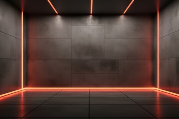 A dark room with red glowing lights on the floor and ceiling.